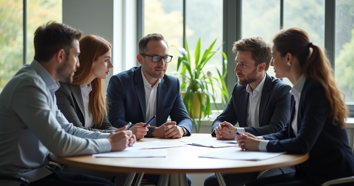 Equipo de trabajo reunido analizando una situación 