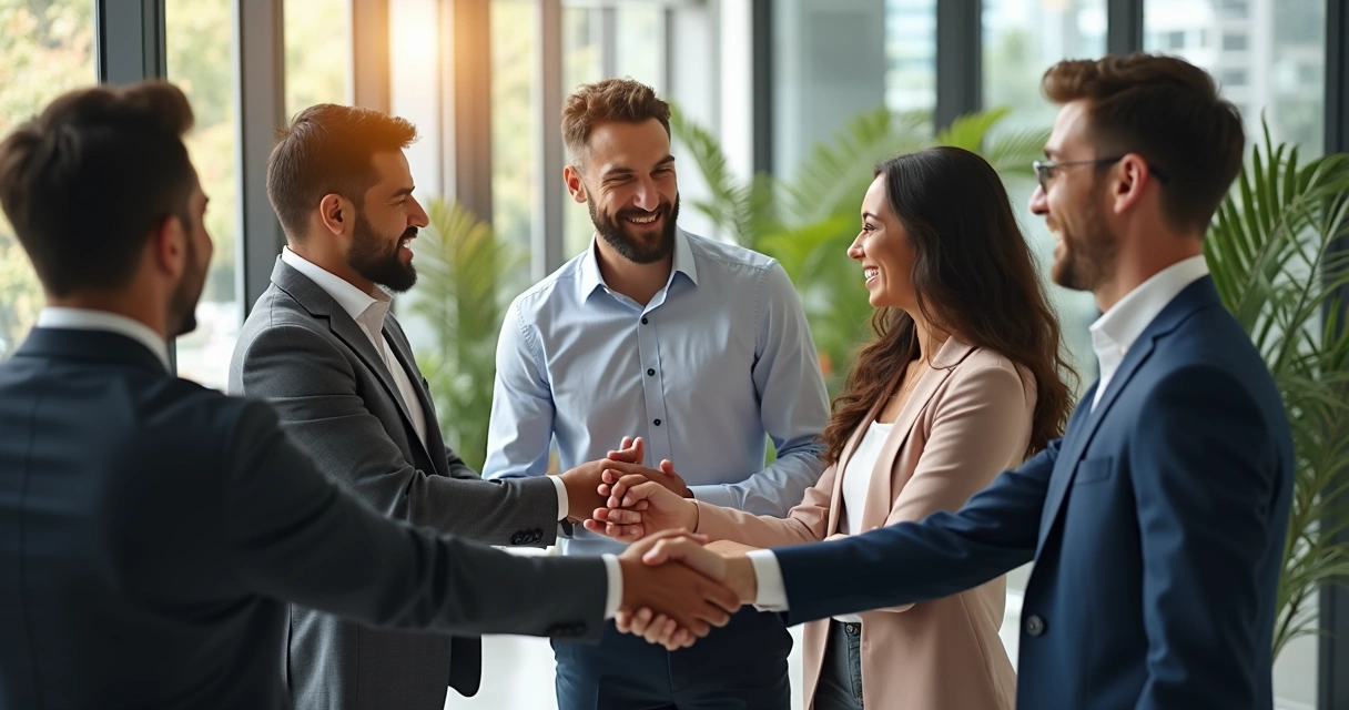 Equipo de trabajo apoyando líder empresarial en oficina moderna 