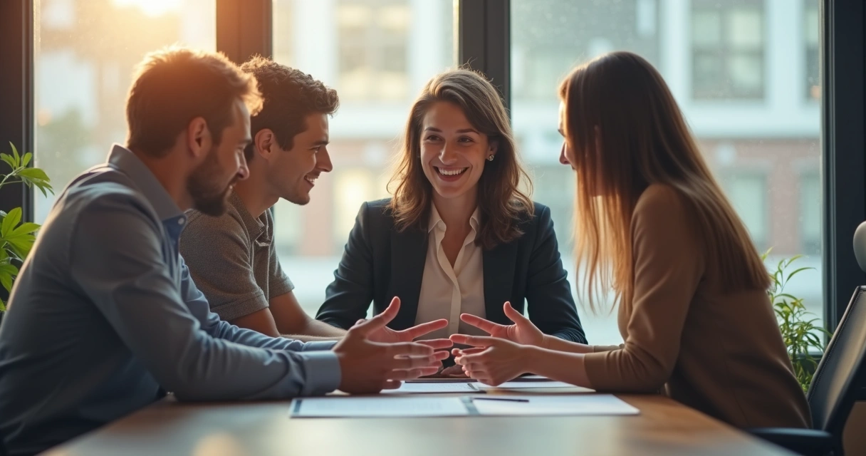 Grupo de personas apoyando a un compañero con gestos de comprensión y ánimo
