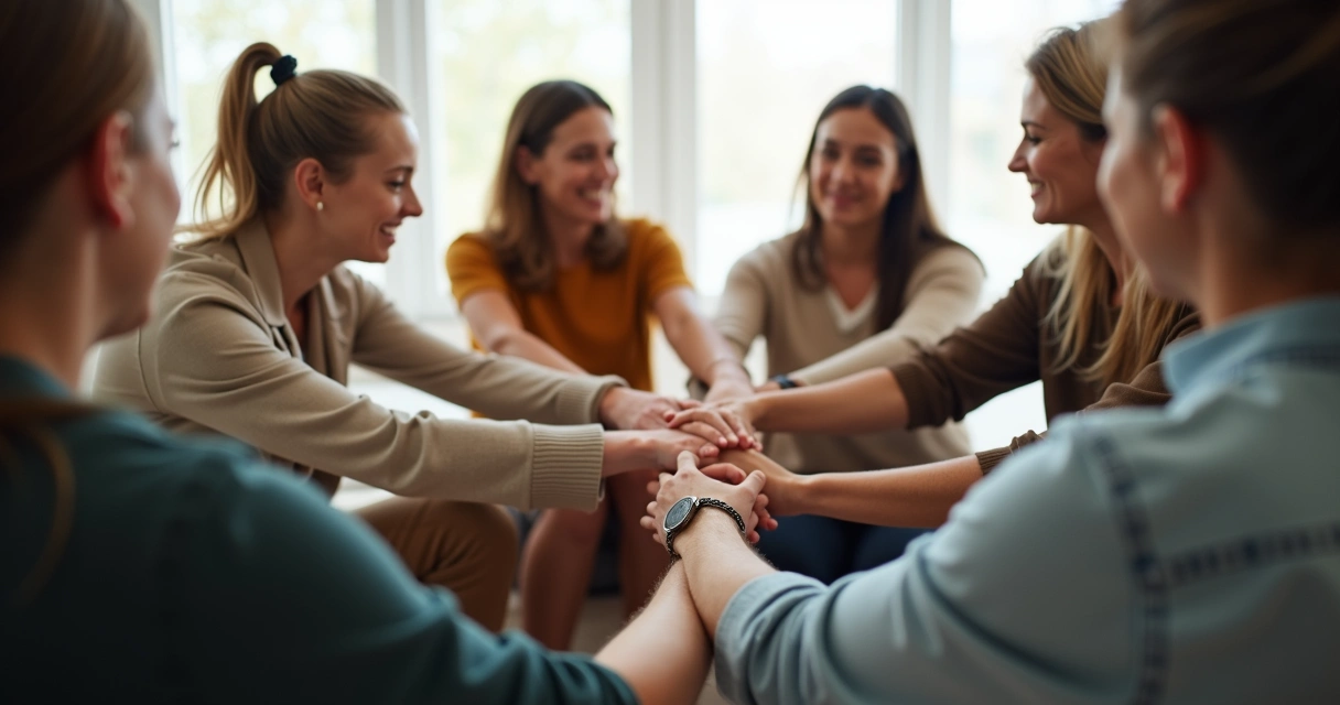 Personas en círculo tomándose de las manos apoyándose emocionalmente 