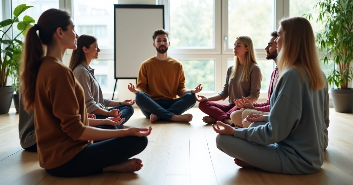 Equipo reunido en círculo practicando meditación breve en oficina moderna