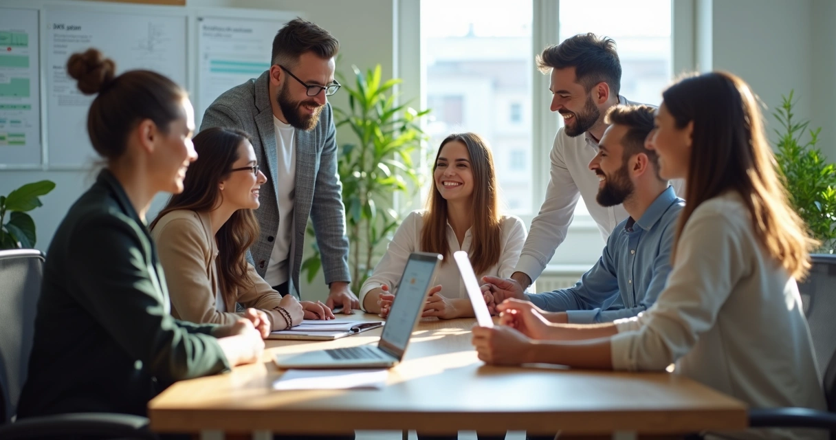 Equipo colaborando armoniosamente en oficina moderna 