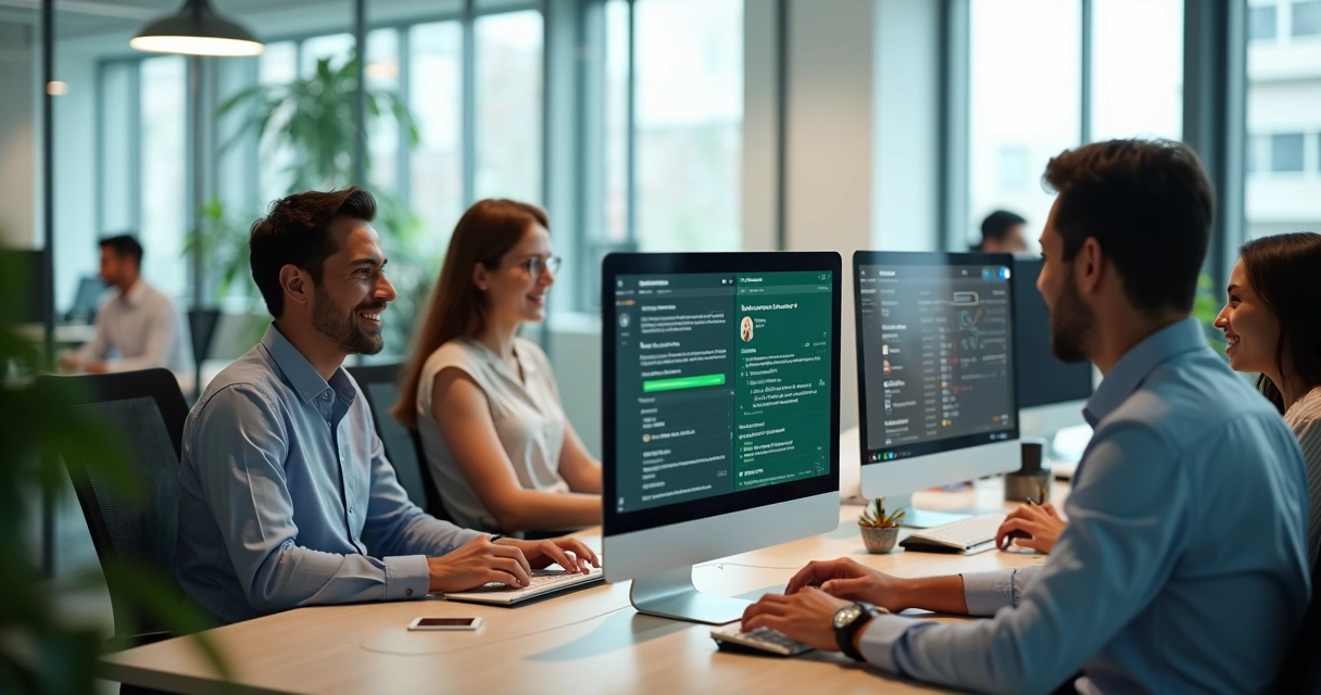 Equipo de atención al cliente usando WhatsApp y dashboards digitales 