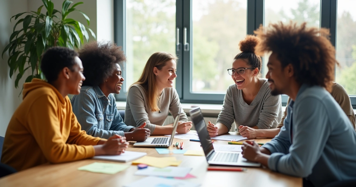 Equipo de trabajo mostrando autenticidad y coherencia, sonríen y comparten ideas alrededor de una mesa 