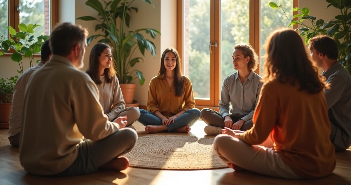Pequeño equipo reunido en círculo conversando y sonriendo, ambiente natural y colaborativo 