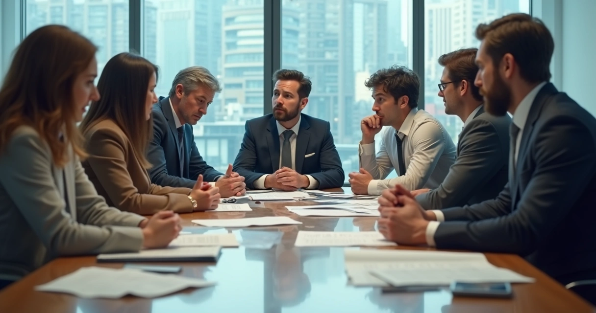 Equipo de oficina bajo presión en sala de reuniones 