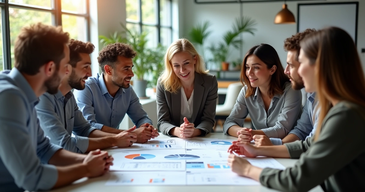 Equipo de trabajo reunido revisando indicadores de bienestar en una oficina moderna 