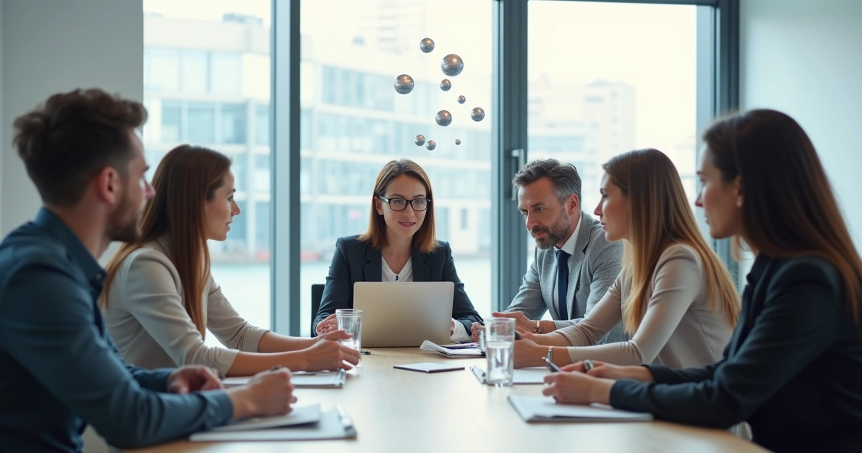 Equipo de trabajo con burbujas transparentes conectando a algunos miembros 