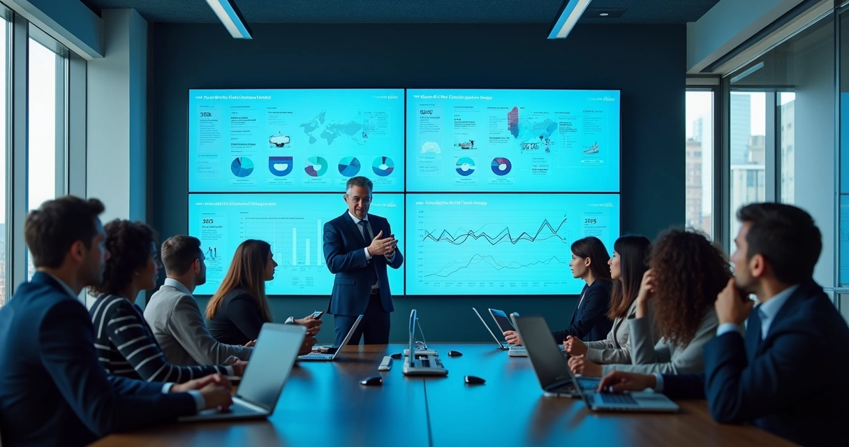 Equipo revisando datos en una sala con pantallas digitales