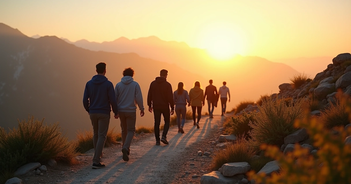 Personas caminando en equipo por un sendero de montaña hacia la luz al fondo 