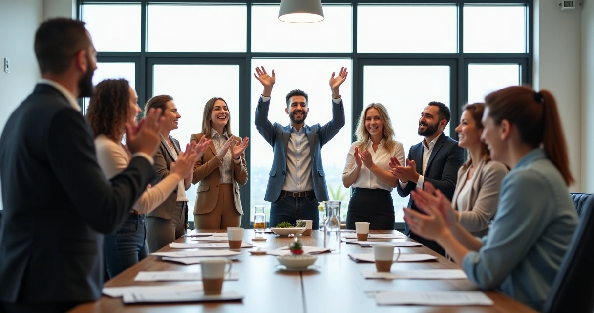 Equipo de trabajo celebrando un éxito juntos 