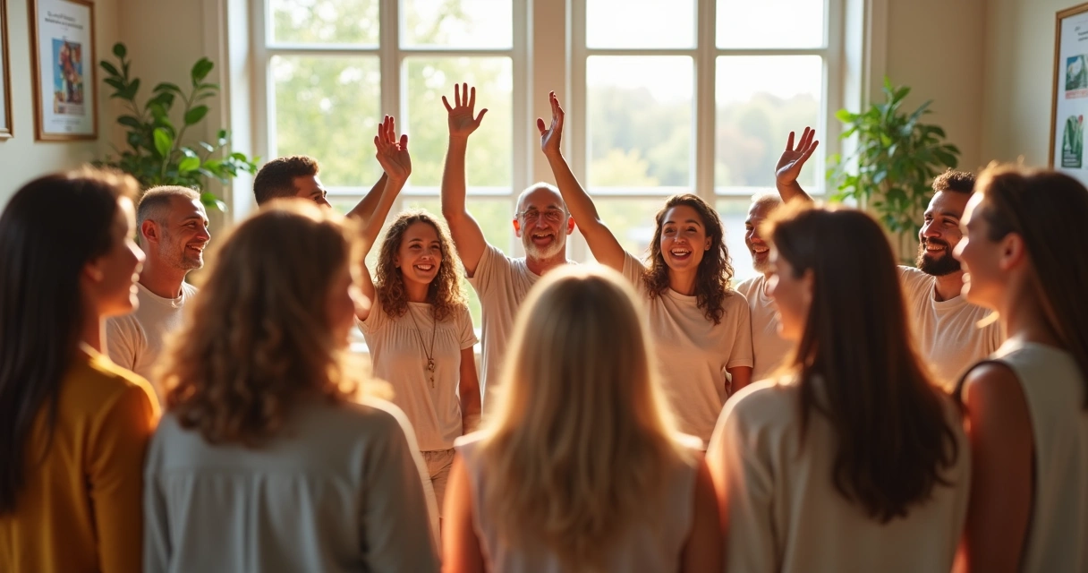 Grupo de personas en círculo levantando las manos juntos en celebración