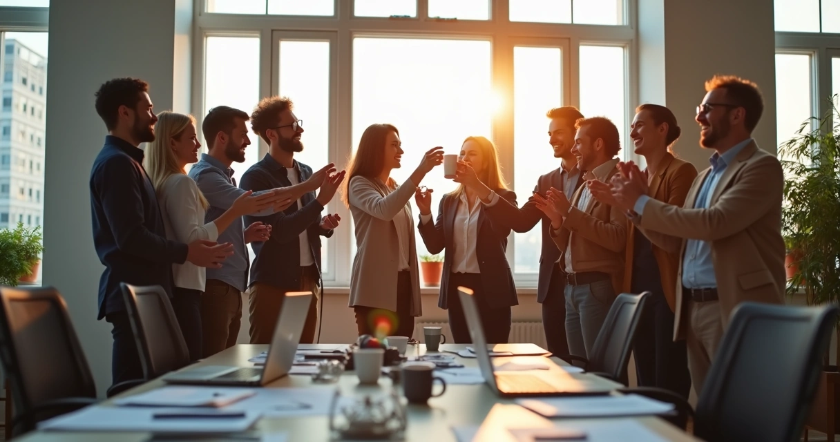 Equipo de trabajo celebrando logro en oficina 
