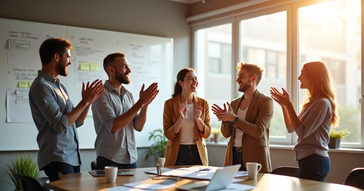 Equipo celebrando un logro con entusiasmo en la oficina