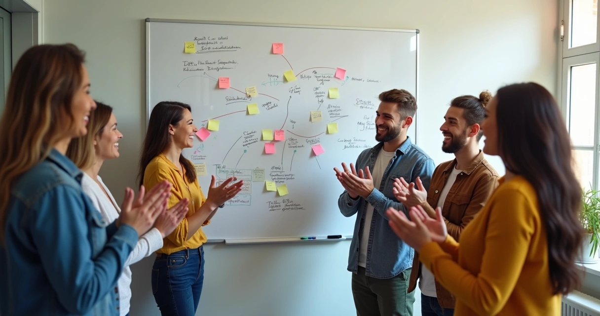 Equipo de personas celebrando un logro con sonrisas y aplausos frente a una pizarra llena de notas y esquemas 