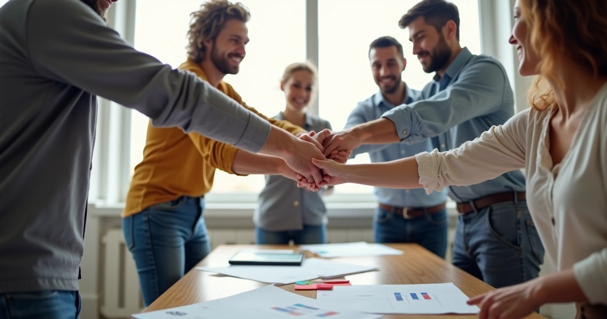 Grupo diverso de personas chocando las manos en círculo en una oficina luminosa 