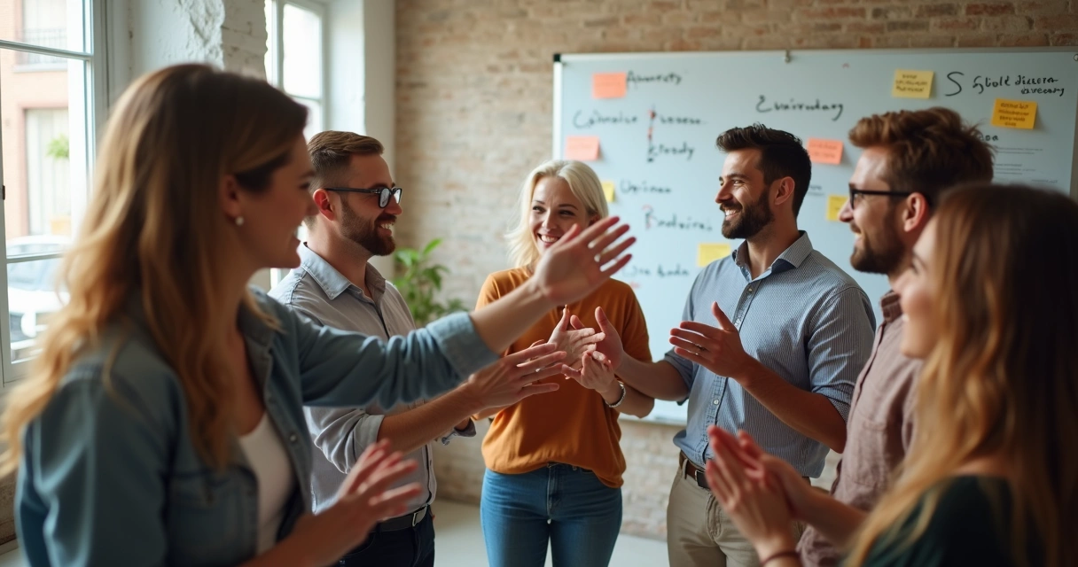 Equipo reunido celebrando logros con gestos de alegría y unión