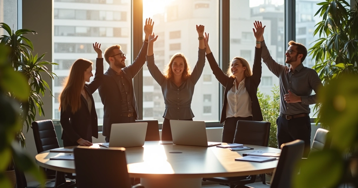 Equipo celebrando logro juntos en oficina moderna 