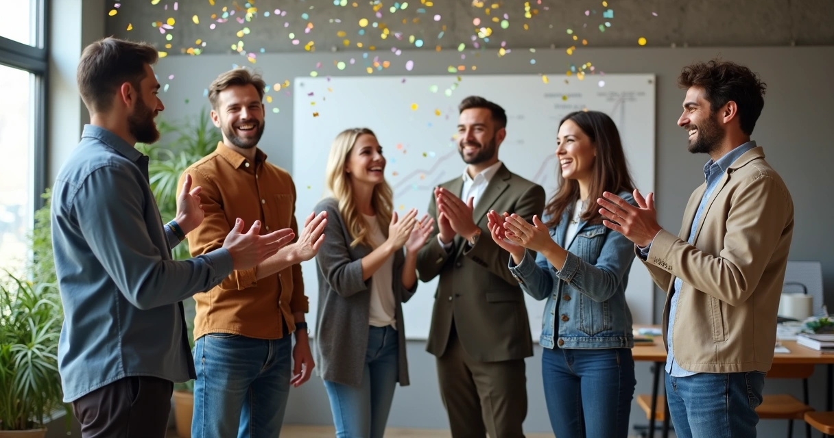 Equipo celebrando de pie junto en un espacio amplio, aplaudiendo y sonriendo