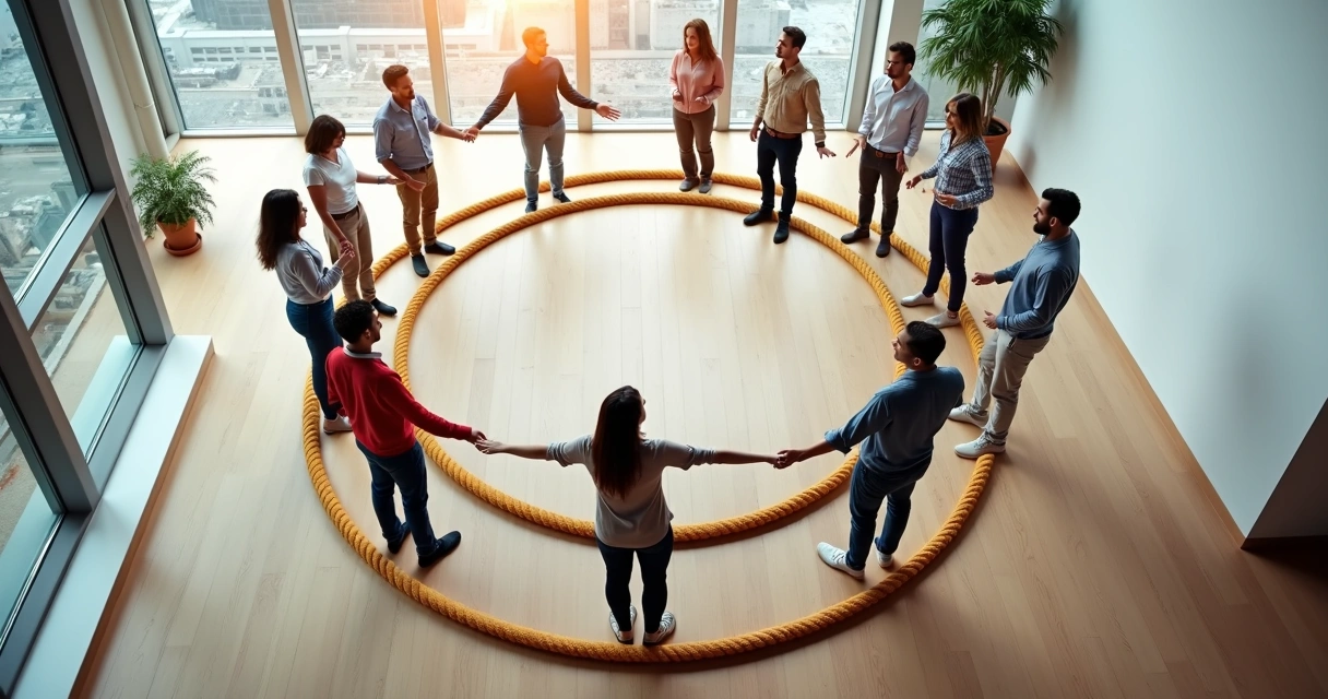 Equipo de trabajo formando círculos concéntricos con cuerdas de colores 