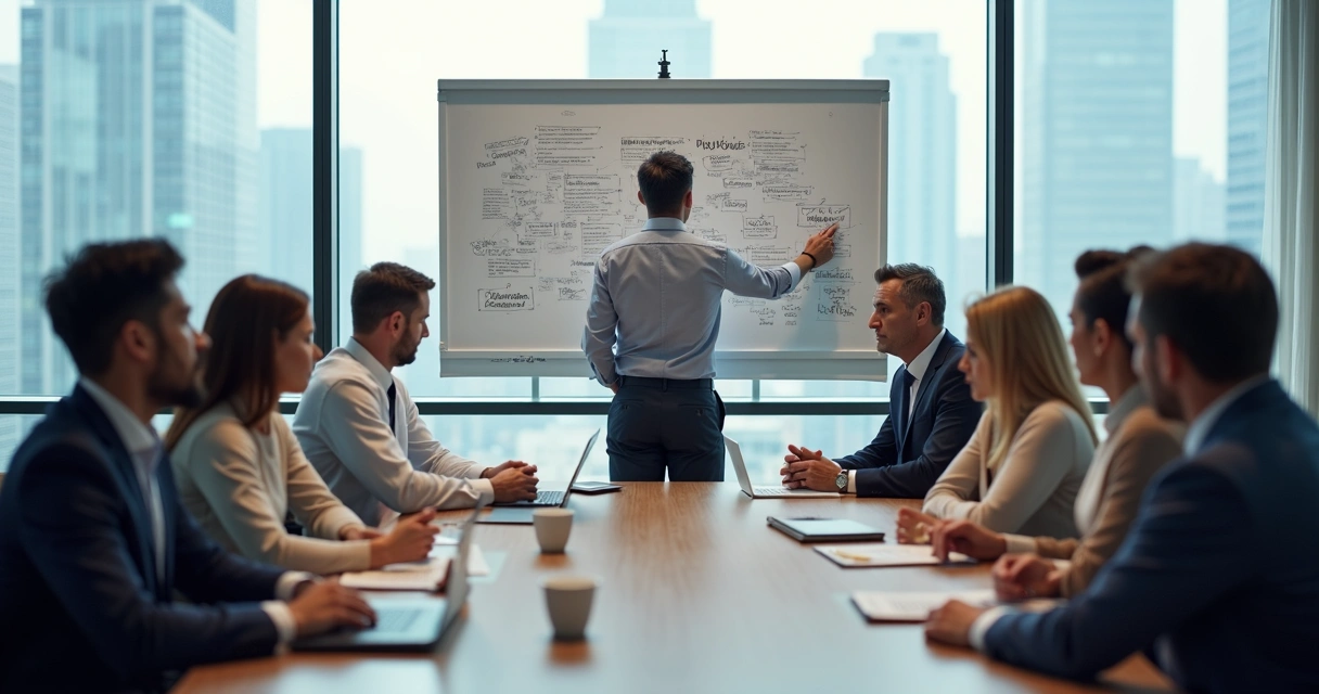 Equipo directivo en sesión de coaching con evidente confusión y desalineación 