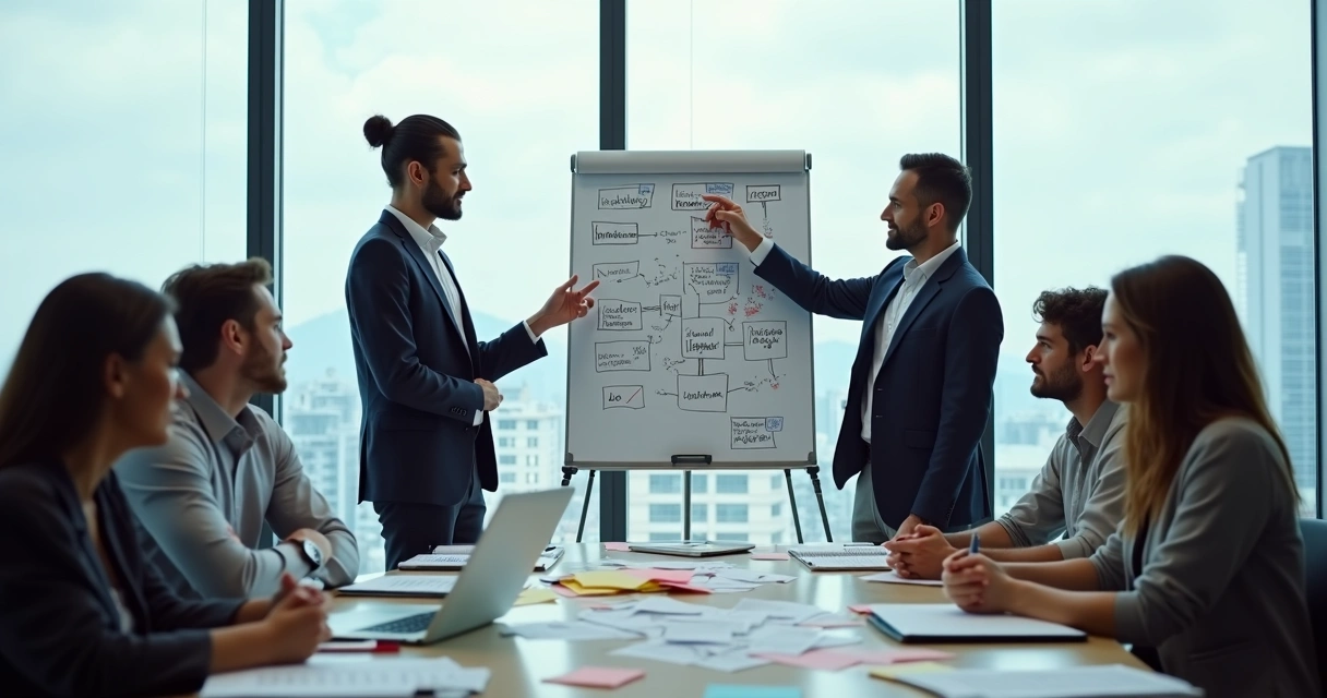 Equipo de trabajo en reunión con confusión y mala comunicación durante una sesión de coaching 