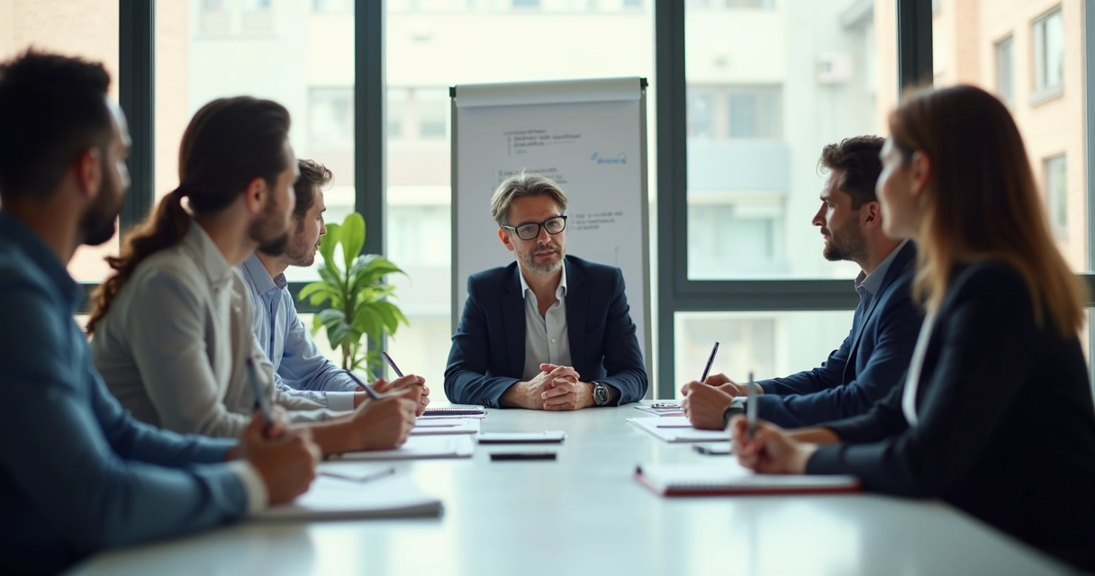Equipo en oficina participando en sesión de coaching