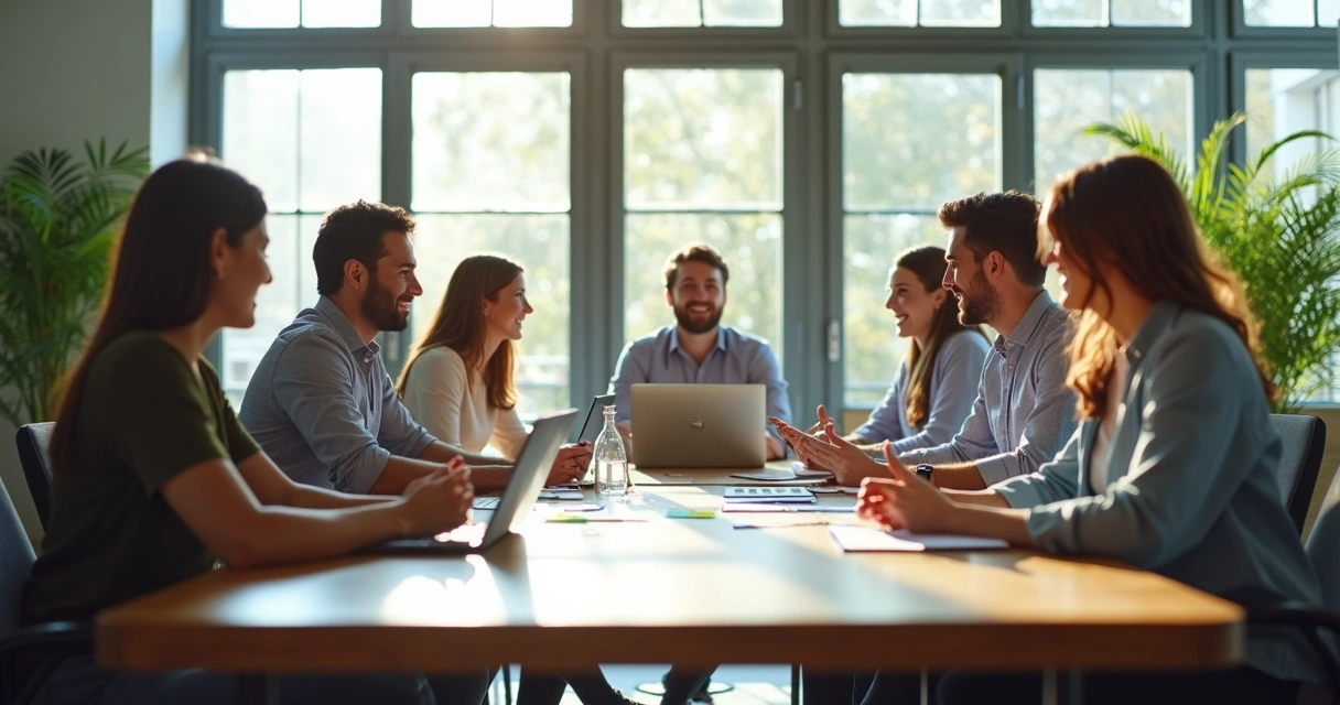 Equipo reunido en mesa de trabajo, todos conversando y sonriendo, ambiente abierto 