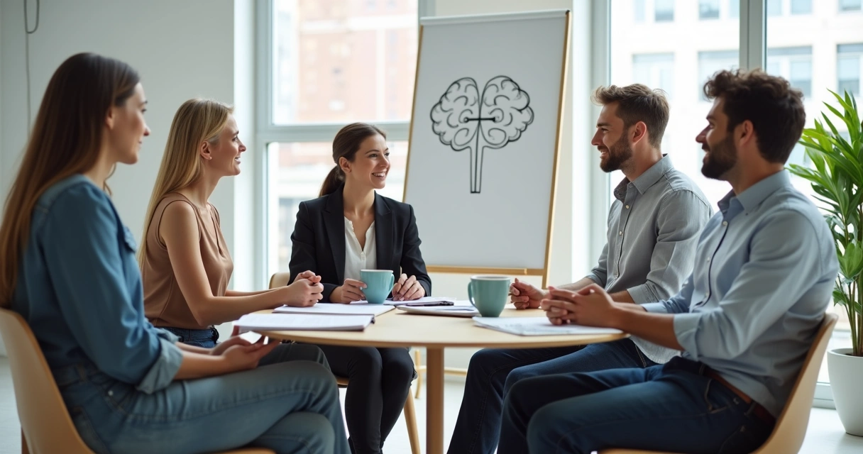 Equipo diverso en reunión mostrando conexión y coherencia emocional 