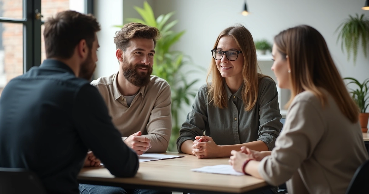 Miembros de un equipo en círculo resolviendo un conflicto con apoyo mutuo 