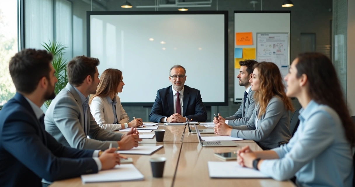 Equipo colaborando en una discusión en una sala de reuniones 
