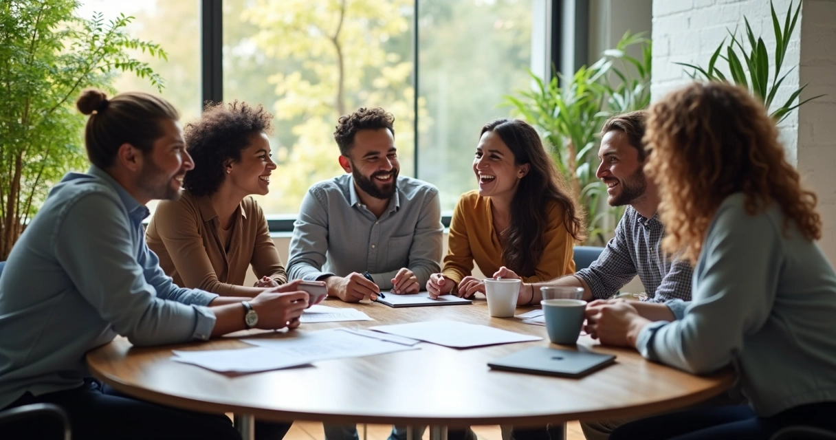 Equipo diverso colaborando en una mesa redonda
