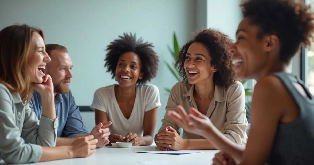 Personas en una reunión compartiendo emociones en equipo.