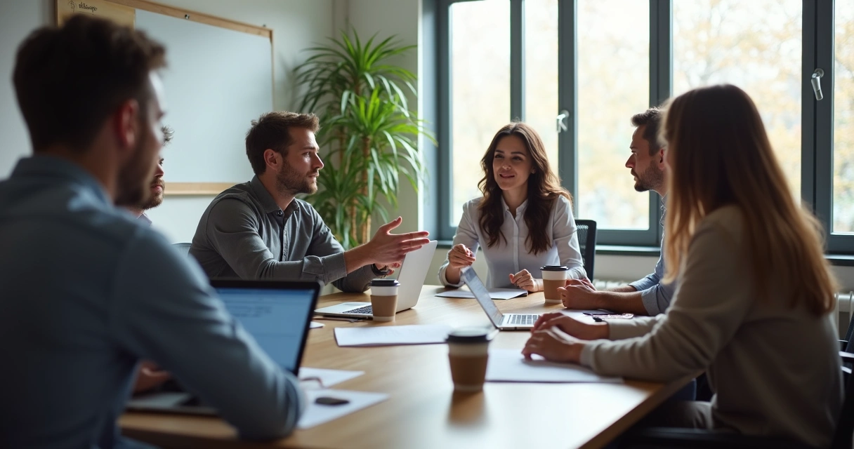 Equipo de trabajo colaborando en una sala de reuniones