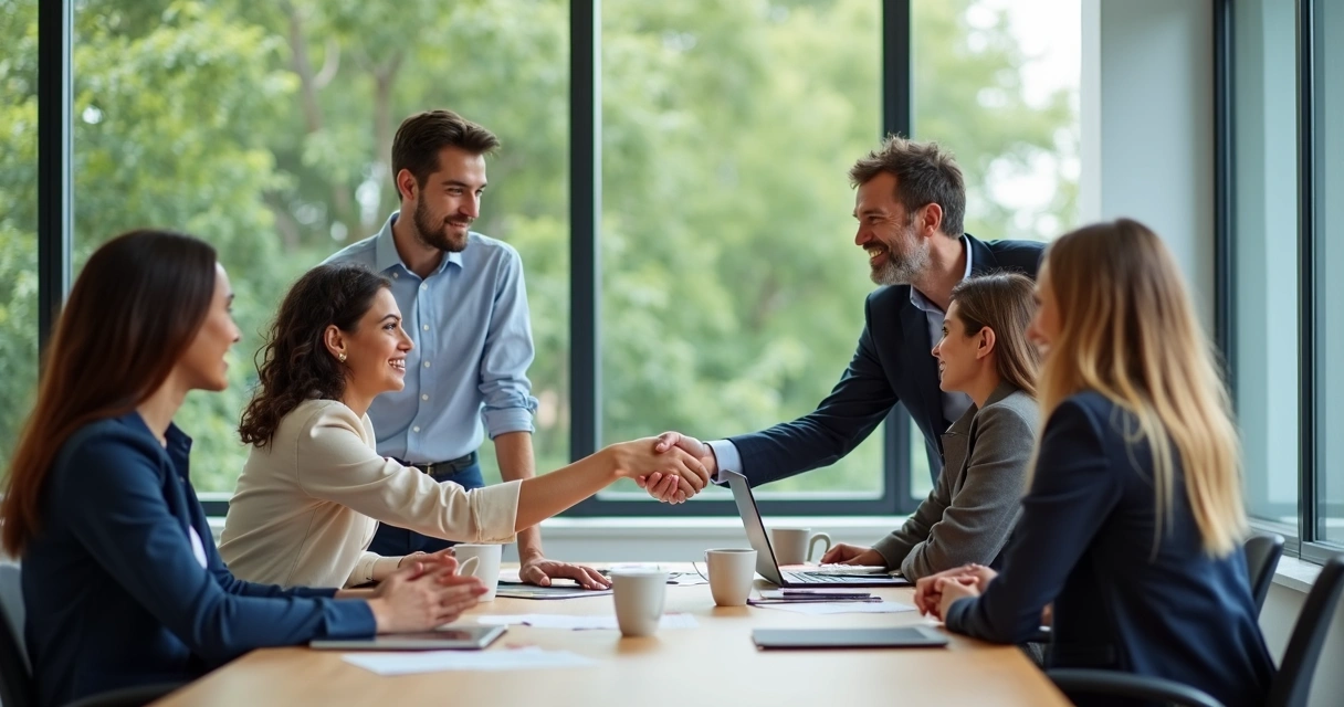 Equipo de oficina colaborando alrededor de una mesa