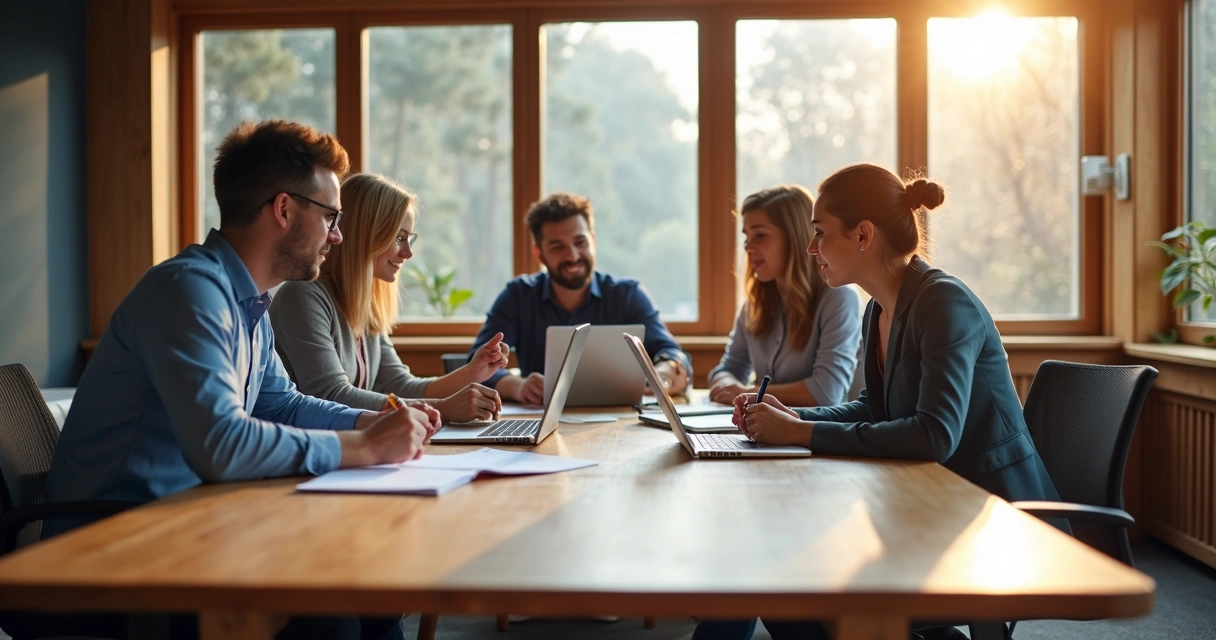 Equipo de trabajo colaborando alrededor de una mesa amplia. 