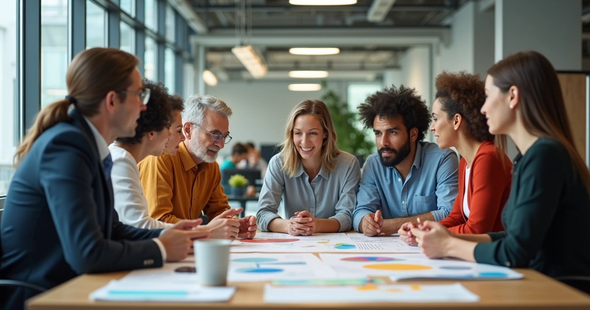 Personas de diferentes orígenes trabajando juntas en una mesa 
