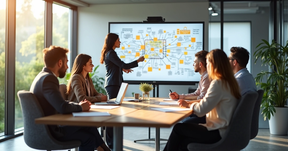Equipo colaborando en una oficina moderna, enfocados en una reunión