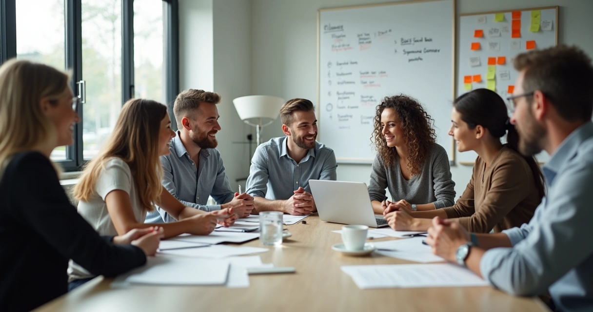 Personas en una sala de reuniones interactuando y compartiendo ideas. 