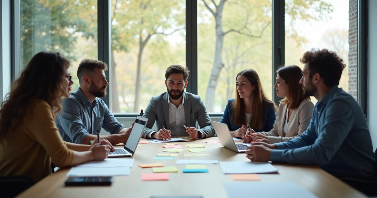 Personas reunidas y colaborando en una sala de juntas. 