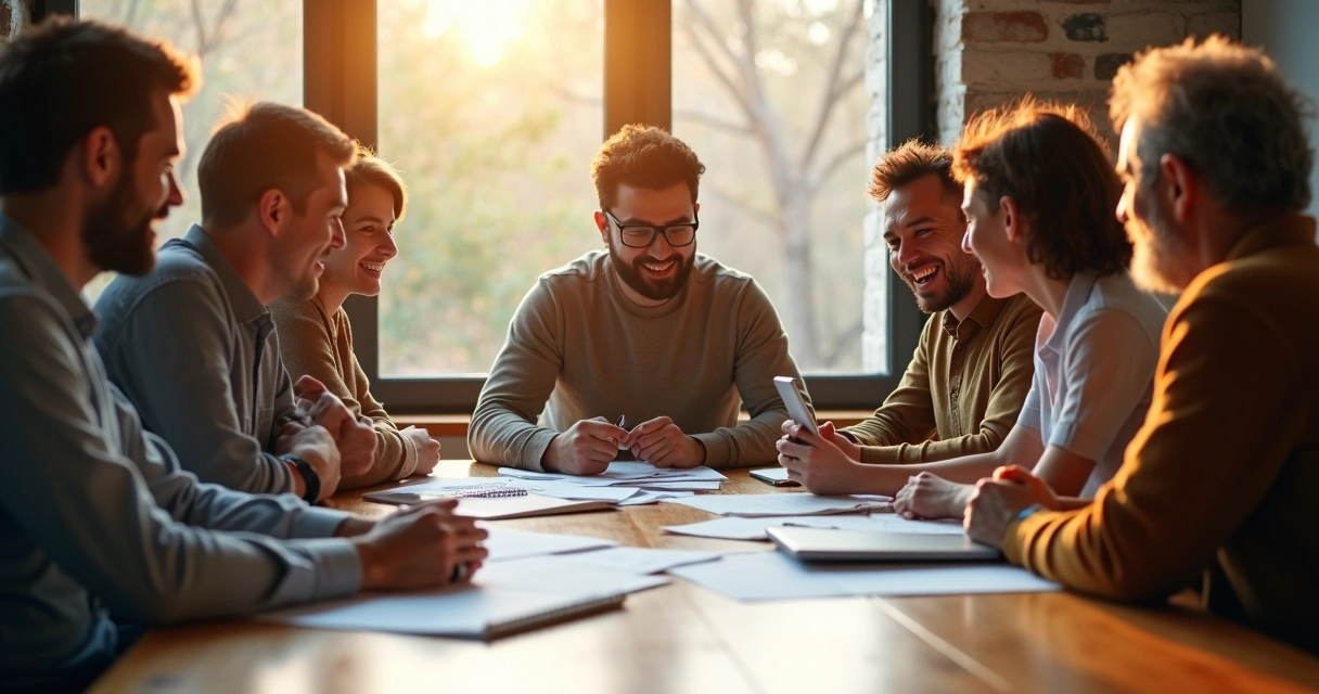 Equipo trabajando y discutiendo ideas alrededor de una mesa