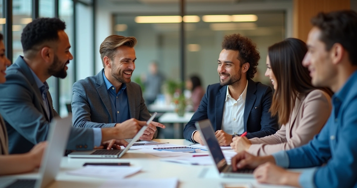 Equipo de trabajo colaborando en una oficina moderna