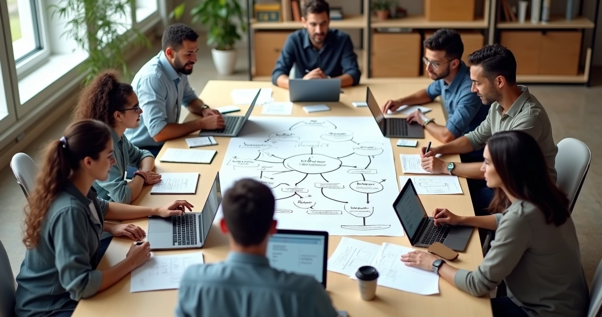 Equipo diverso colaborando en una mesa sin jefe destacado 