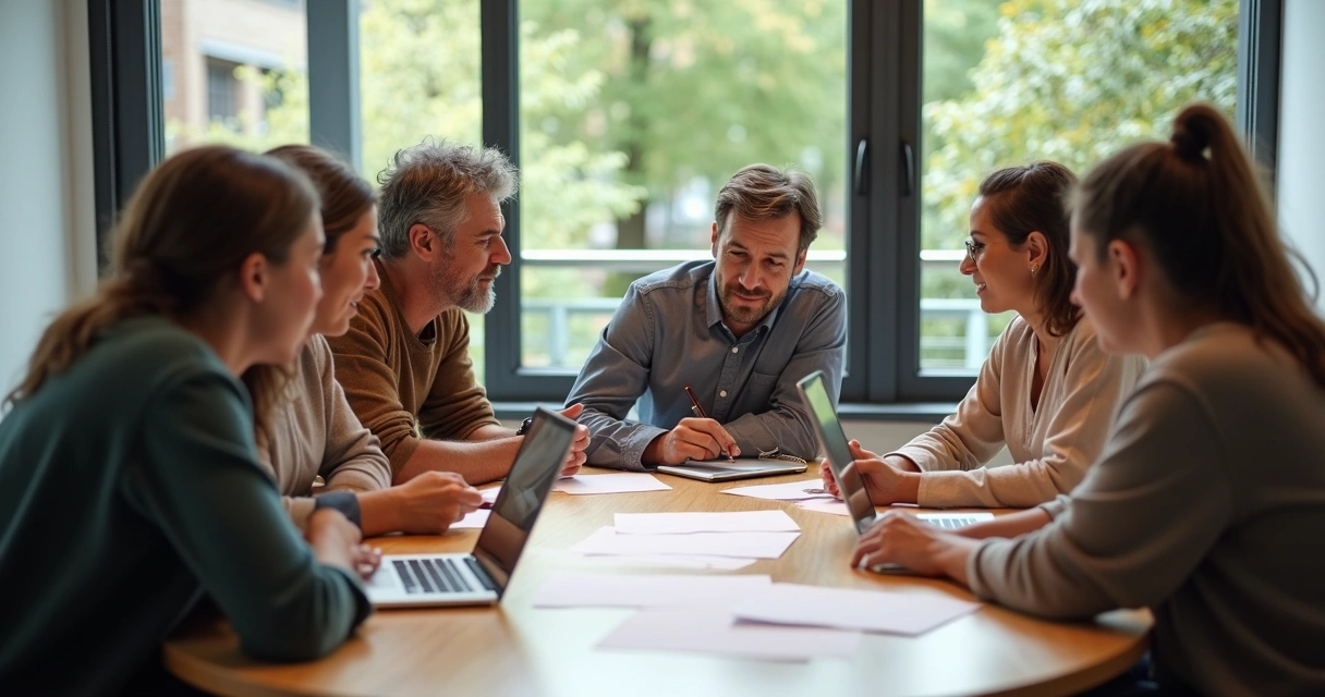 Personas de distintas edades y orígenes reunidas en círculo tomando decisiones juntos 