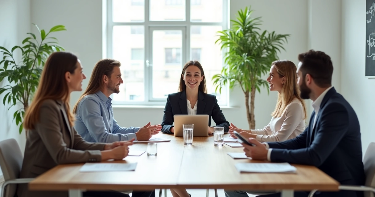 Equipo comercial atendiendo clientes en sala de reuniones 