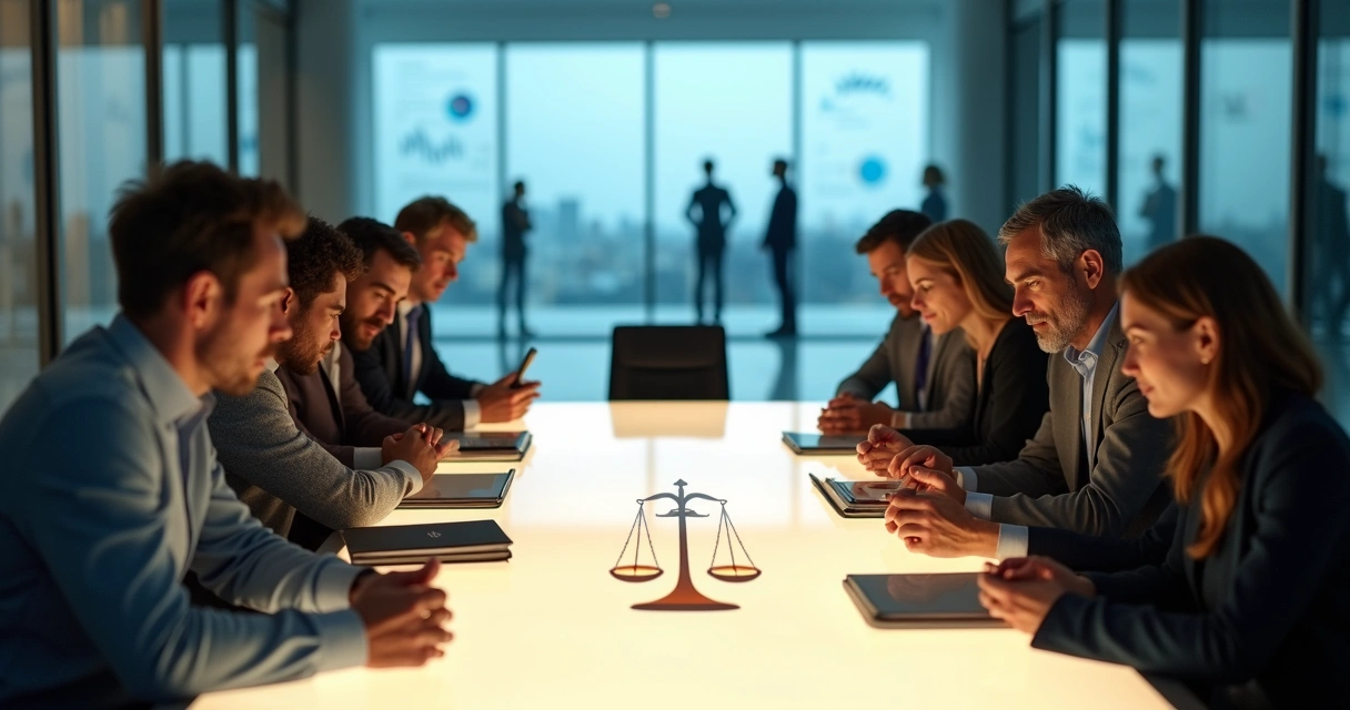 Equipo diverso reunido alrededor de mesa luminosa con símbolo de balanza ética 