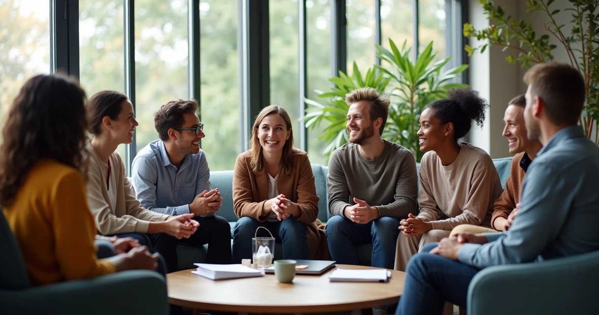 Equipo de trabajo compartiendo desafíos en una reunión informal 