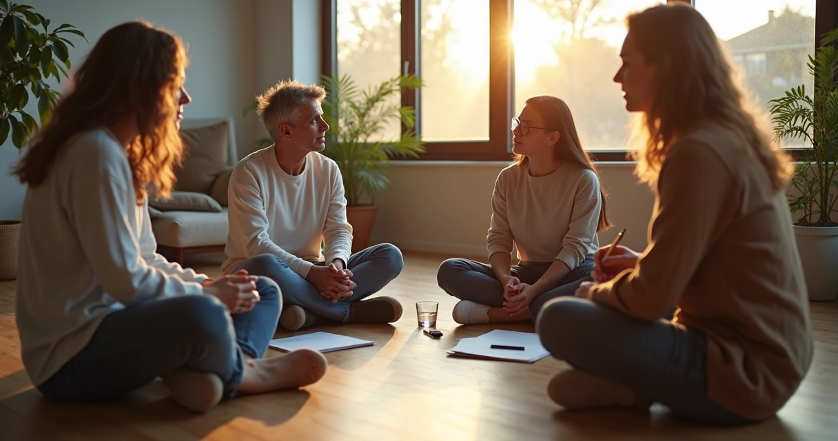 Equipo de trabajo diverso sentado en círculo compartiendo vulnerabilidad de forma abierta 