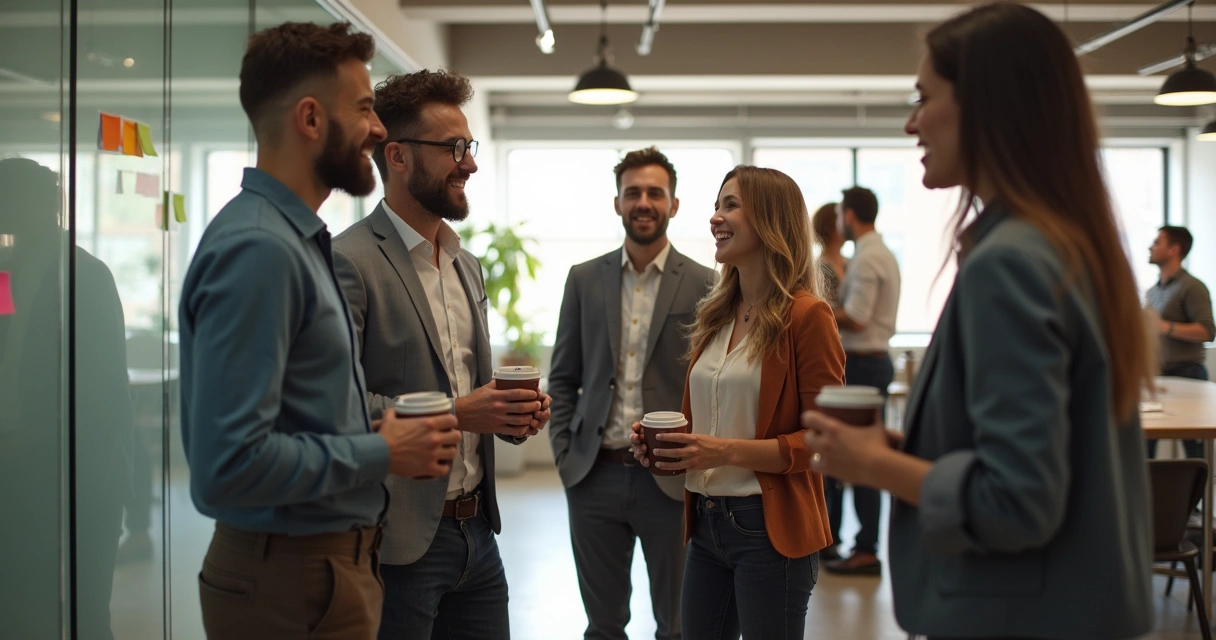 Equipo de trabajo diverso interactuando y sonriendo en una oficina, mostrando apertura y colaboración.