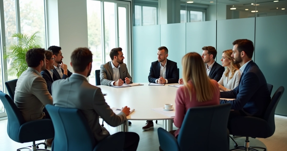 Equipos de trabajo dialogando de forma tranquila en una sala de reuniones moderna.